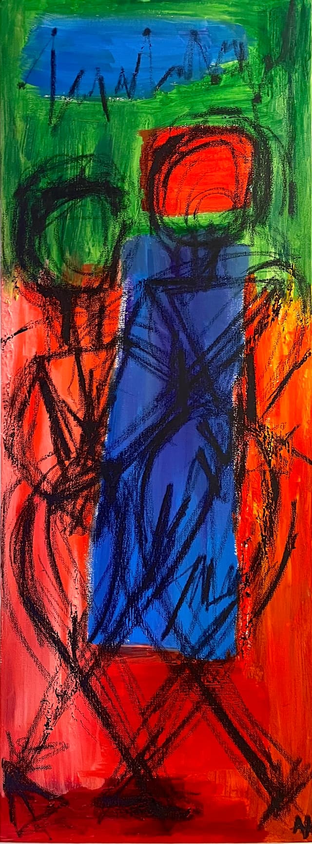 An abstract painting showing two people dancing